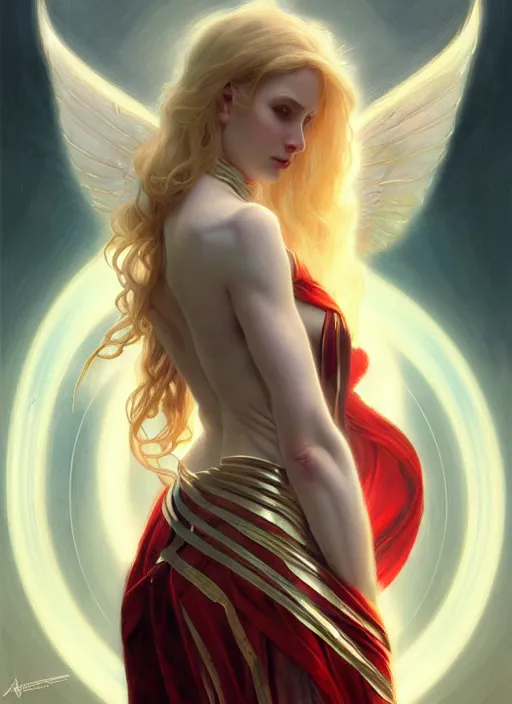 Prompt: the pale blond angel of battle apollo smirking, sci fi, glowing eyes, volumetric lights, red and cyan theme, art nouveau botanicals, intricate, highly detailed, digital painting, artstation, concept art, smooth, sharp focus, cinematic, illustration, beautiful face, art by artgerm and greg rutkowski and alphonse mucha