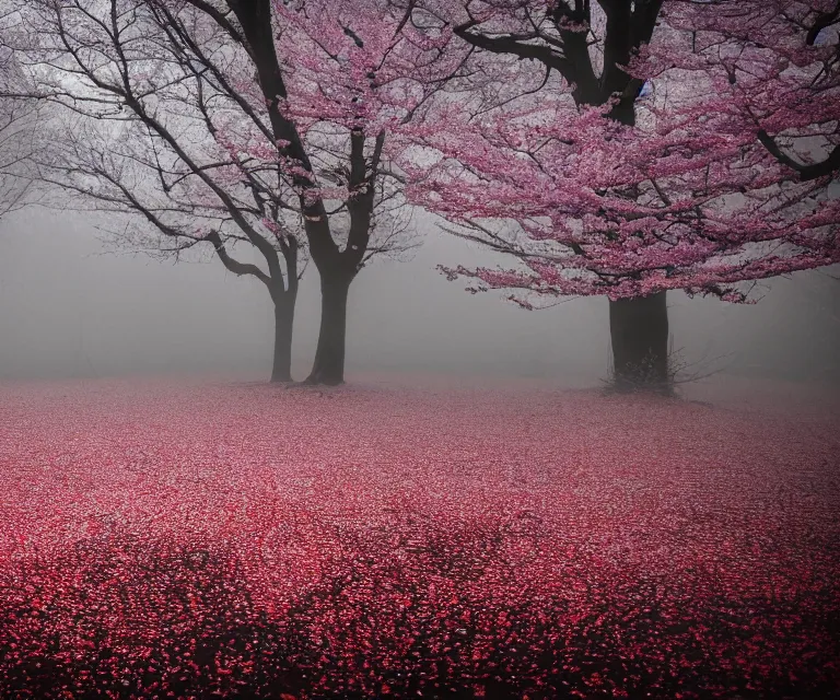 Prompt: eerie forest, cherry blossom petals, foggy, dreary, nightmare, horror, hidden clown