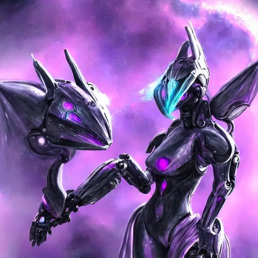 Image similar to cinematic bust shot, cosmic sized proportional stunning beautiful hot female warframe, detailed robot mecha female dragon head, metal ears purple eyes, sleek silver armor, fuschia skin, floating in empty space, nebula sized, posing elegantly, epic proportions, epic size, epic scale, furry art, dragon art, giantess art, warframe fanart, furaffinity, deviantart