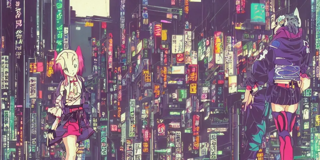 Image similar to cyberpunk cat, 9 0 s japan anime style