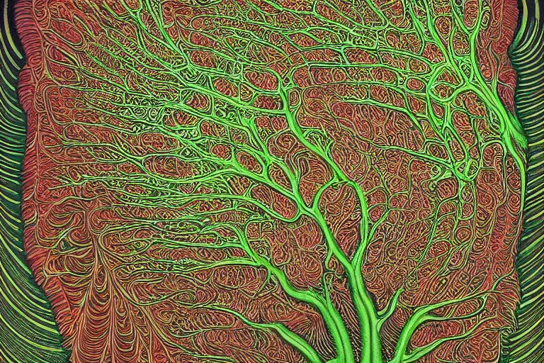 Image similar to nerve plant on an old crt television, by alex grey and ernst haeckel