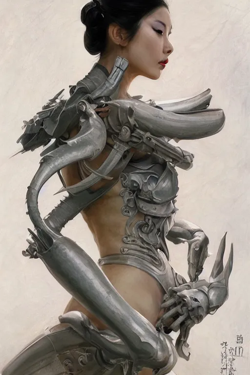 Prompt: >> portrait painting of a cryogenic assassin geisha , dynamic pose , white paled skin , some curved armor , olive skin, long dark hair, beautiful bone structure, symmetrical facial features, intricate, elegant, digital painting, concept art, smooth, sharp focus, illustration, by Ruan Jia and Mandy Jurgens , and mucha, and Artgerm and William-Adolphe Bouguerea