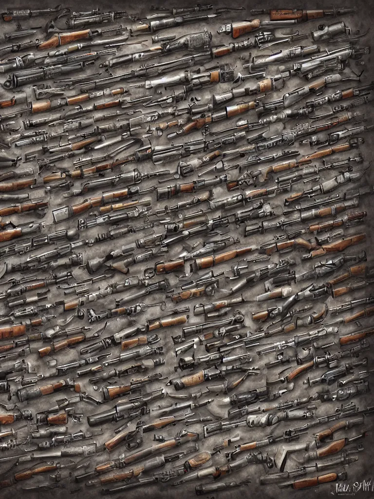 Image similar to wall made of firearms rifles shotguns revolvers and bullets, ultrarealistic, intricate details, 4k, concept art, digital painting