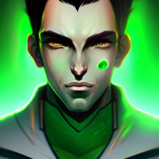 Image similar to a highly detailed portrait of a man with dark green hair and green glowing eyes, high detail clothing, concept art, anime, artstation, professional