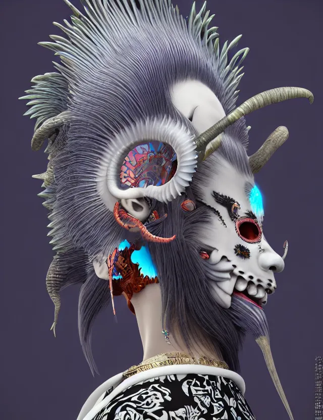 Image similar to 3 d goddess close - up profile simple portrait punk with mohawk with goat skull. beautiful intricately detailed japanese crow kitsune mask and clasical japanese kimono. betta fish, jellyfish phoenix, bio luminescent, plasma, ice, water, wind, creature, artwork by tooth wu and wlop and beeple and greg rutkowski