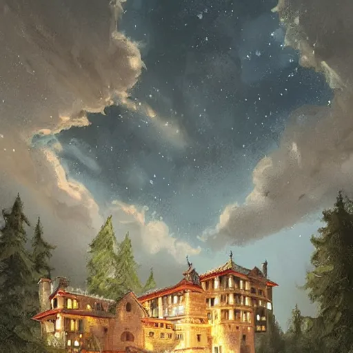 Prompt: a renaissance castle in a forest with a glowing night sky, upward angle, by krenz cushart