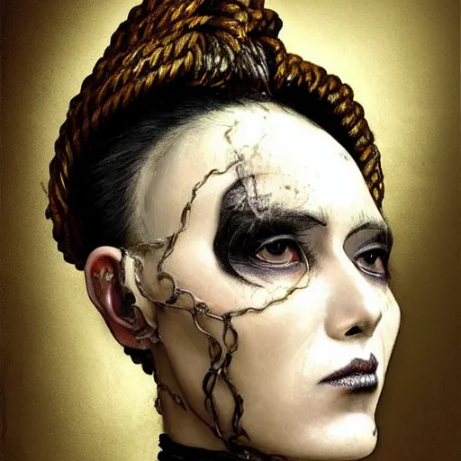 Image similar to portrait of a Shibari rope wrapped face and neck, black painted upper half of the face, headshot, insanely nice professional hair style, dramatic hair color, digital painting, of a old 15th century, old cyborg merchant, amber jewels, baroque, ornate clothing, scifi, realistic, hyperdetailed, chiaroscuro, concept art, art by Franz Hals and Jon Foster and Ayami Kojima and Amano and Karol Bak,