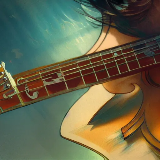 Image similar to guitar being eaten by a large fish, highly detailed digital painting, artstation, concept art, smooth, sharp focus, illustration, art by artgerm and greg rutkowski and alphonse mucha