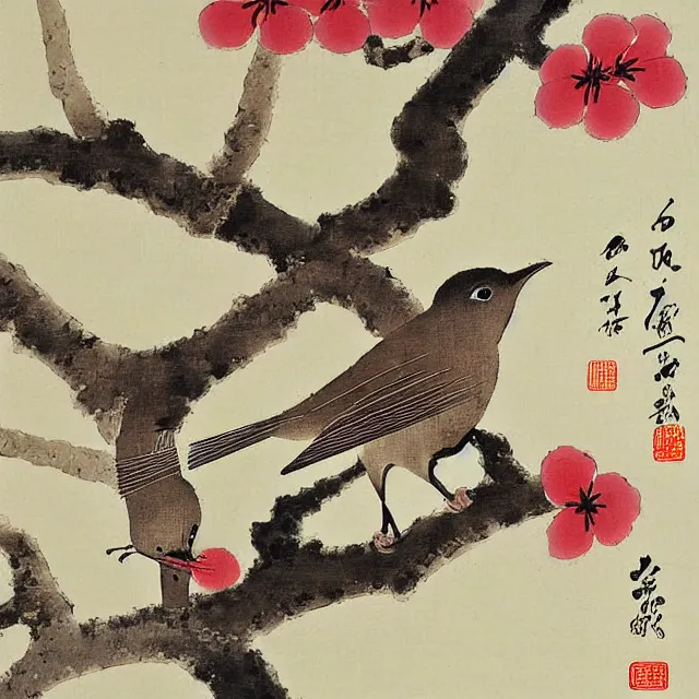 Image similar to a beautiful painting two nightingales kissed on the plum tree, by zhang daqian painting