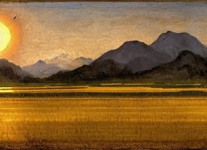 Prompt: painting of a rice paddy with two big mountains in the background, a wide asphalt road!!!!!!!! in the middle, big yellow sun rising between 2 mountains, oil painting by titian