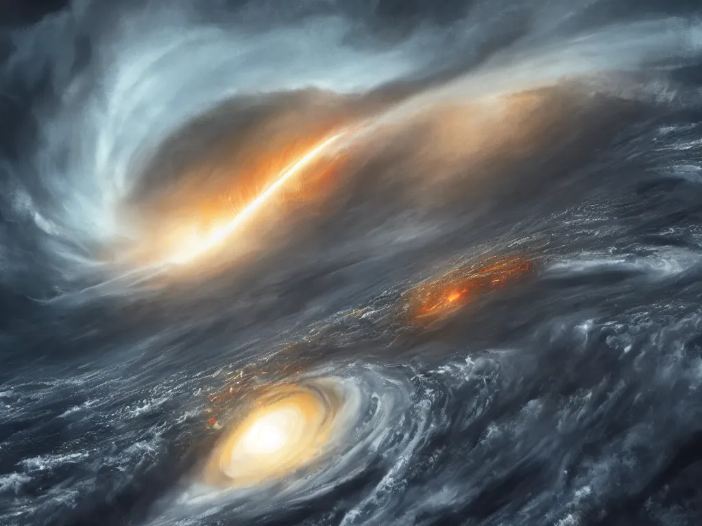 Prompt: the eye of sauron in the middle of a hurricane seen from space, digital painting, trending on artstation, deviantart, 8k, epic composition, intrinsic details, perfect coherence