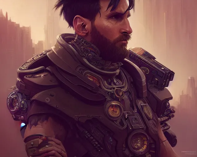 Image similar to man messi with cyberpunk implants, deep focus, d & d, fantasy, intricate, elegant, highly detailed, digital painting, artstation, concept art, matte, sharp focus, illustration, hearthstone, art by artgerm and greg rutkowski and alphonse mucha