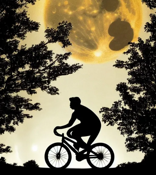 Prompt: superman riding a bike across the full moon as silhouette, from the movie e. t. the extra terrestrial, with dark trees in foreground, cinematic frame by steven spielberg, hd