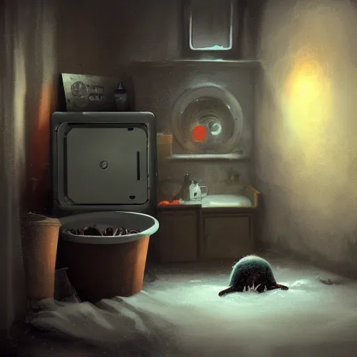 Image similar to demonic creature crawling out of a washing machine in a laundry room, cinematic lighting, inspired by Evgeny Lushpin,George, greg rutkowski winter,nighttime,cinematic,art station