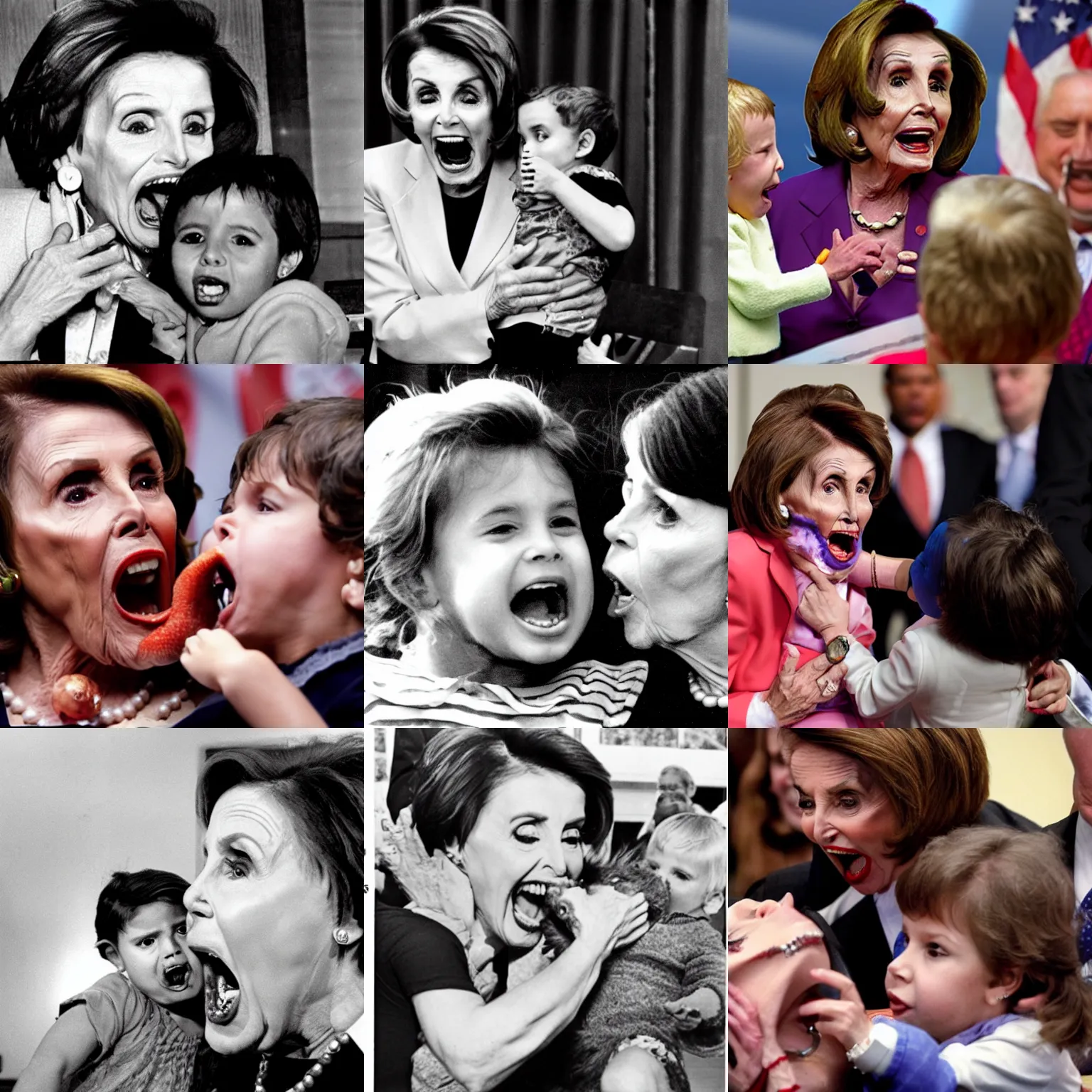 Prompt: evil nancy pelosi devouring a small child