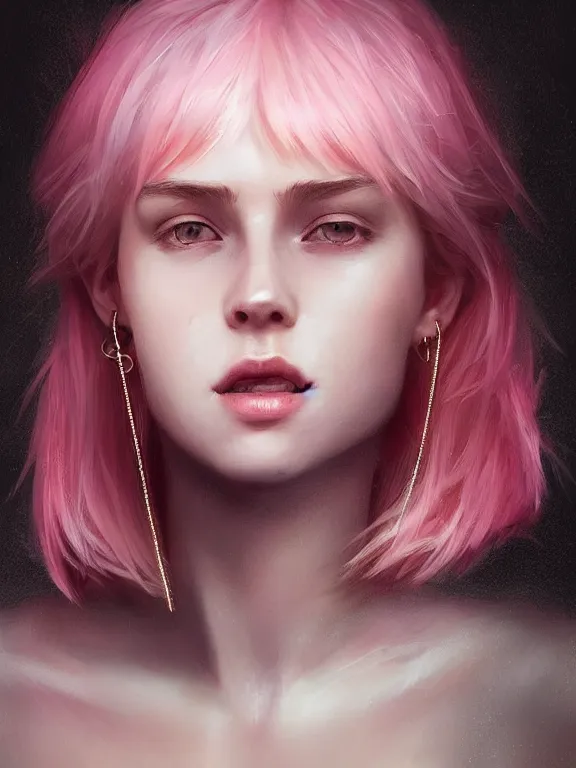 Image similar to beautiful russian girl with short pink hair and nose piercing, thin round earrings, winds of winter, au naturel, hyper detailed, digital art, trending in artstation, cinematic lighting, studio quality, smooth render, octane rendered, concept art, sharp focus, illustration, art by artgerm and greg rutkowski and wlop