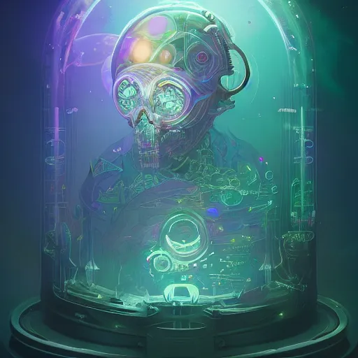 Image similar to intricate holographic ghost in the machine pices fish made of microcircuitry and transistors in a glowing deap sea by peter mohrbacher and dan mumford, trending on artstation, cgsociety 4 k