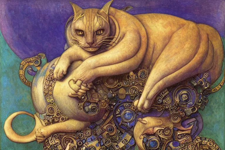 Image similar to ornate mechanical cat, by annie swynnerton and diego rivera and nicholas roerich and jean delville, symbolist, dramatic lighting, god rays, elaborate geometric ornament, art brut, colors are soft greens and blues and purple, smooth, sharp focus, extremely detailed, adolf wolfli and ( donato giancola )