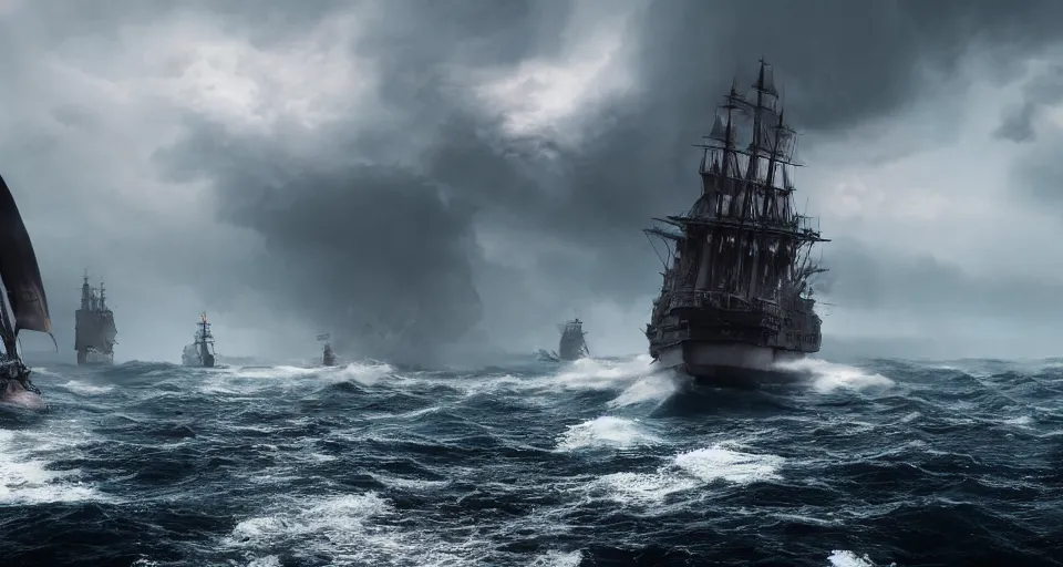 Prompt: battleship as tall as a mountain with huge sails, raging sea foggy, dramatic, action scene, stormy background, shipfleet on the horizon, high detail, unreal engine, octane render, 8 k high definition, photorealistic