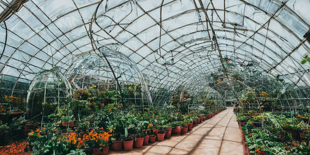 Image similar to geodesic dome greenhouse interior, bright colors, cinematic, cyberpunk, smooth, chrome, lofi, calming, dramatic, studio ghibli, high contrast, epic composition, hyper realistic, concept art, XF IQ4, 150MP, 50mm, F1.4, ISO 200, 1/160s, natural light, photolab