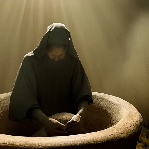 Image similar to a priest sleeping in a large clay pot, foggy, sun rays, cinematic shot, photo still from movie by denis villeneuve, wayne barlowe