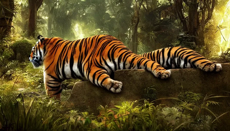 Prompt: a happy tiger, peaceful, plants environment, wide angle, establishing shot, cinematic lighting, atmospheric, realistic, octane render, highly detailed, color graded, matte painting in the style of craig mullins