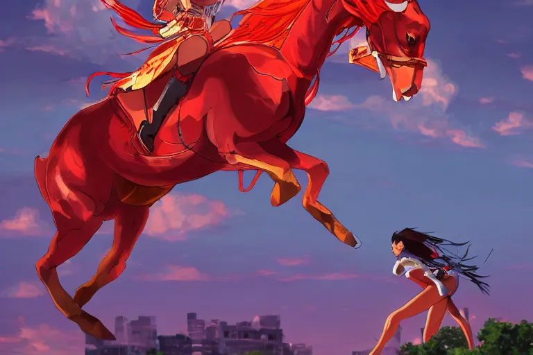 Image similar to beyonce dressed as a riding a red horse is attacking an powerful goddess on a harlem rooftop, highly detailed, 4k resolution, lighting, anime scenery by Makoto shinkai