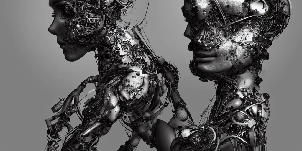 Image similar to hyperrealistic photography of a stunningly beautiful cyborg female, mechanical elbow, plated arm, intimate, holding hands, in the style of beth cavener, jin kagetsu,, and wlop, highly detailed, intricate, face symmetry, masterpiece, award - winning, sharp focus, concept art, high key, ambient lighting, 8 k, octane render, artstation