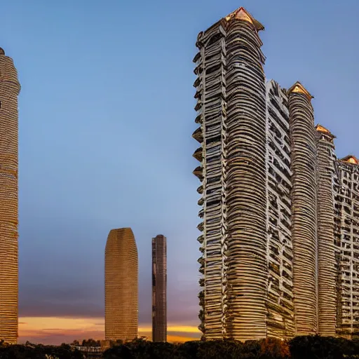 Prompt: a wide shot of a sci - fi beautiful neo - brutalist monumental multi - building structure, tall buildings with spaceship parking lots on top, with many rounded elements sprouting from the base tower creating a feel of an organic structure, photography shot at blue hour