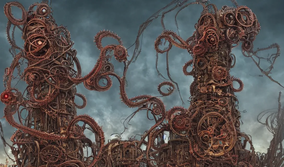 Image similar to lovecraftian biomechanical machine-tower with fleshy tendrils and eyeball at top overlooking dystopian wasteland, highly detailed, colorful with red hues