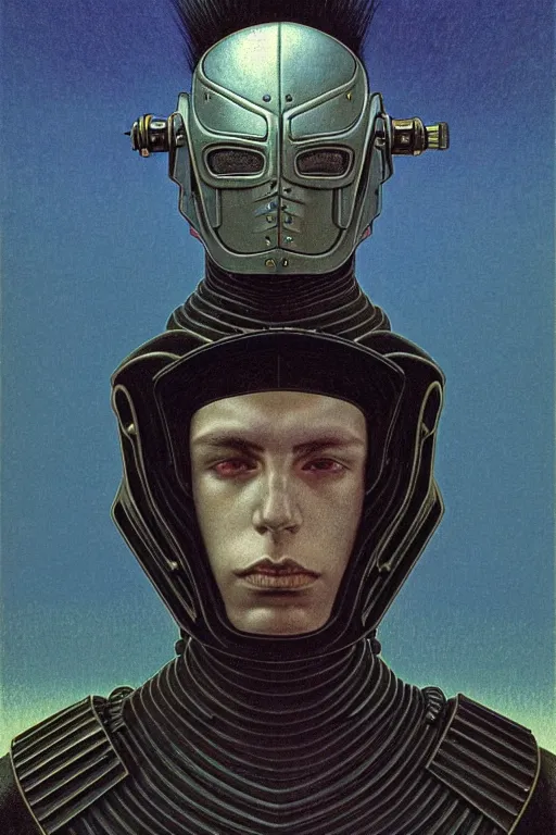 Prompt: portrait of gothic and futuristic young man, warhammer, cyber armor, a lot of scars, thunderstorm, white head, fire eyes, the middle ages, highly detailed, artstation, in the style of moebius, jugendstil and classic japanese print, art by rene magritte and jean delville