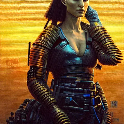 Image similar to natalie portman as cyberpunk samurai, atmospheric lighting, painted, intricate, blue and golden hour, ultra detailed by peter gric, giger, enki bilal