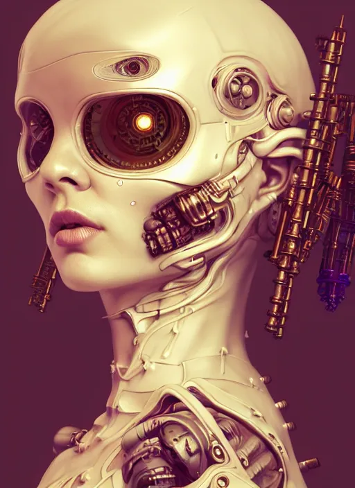 Image similar to soft lustrous hard tech ivory biotech raver gutter punk cyborg bioweapon, golden ratio, details, sci - fi, dark fantasy, cyberpunk, intricate, decadent, ornate, highly detailed, digital painting, octane render, 8 k, artstation, concept art, smooth, sharp focus, illustration, art by artgerm, loish, wlop