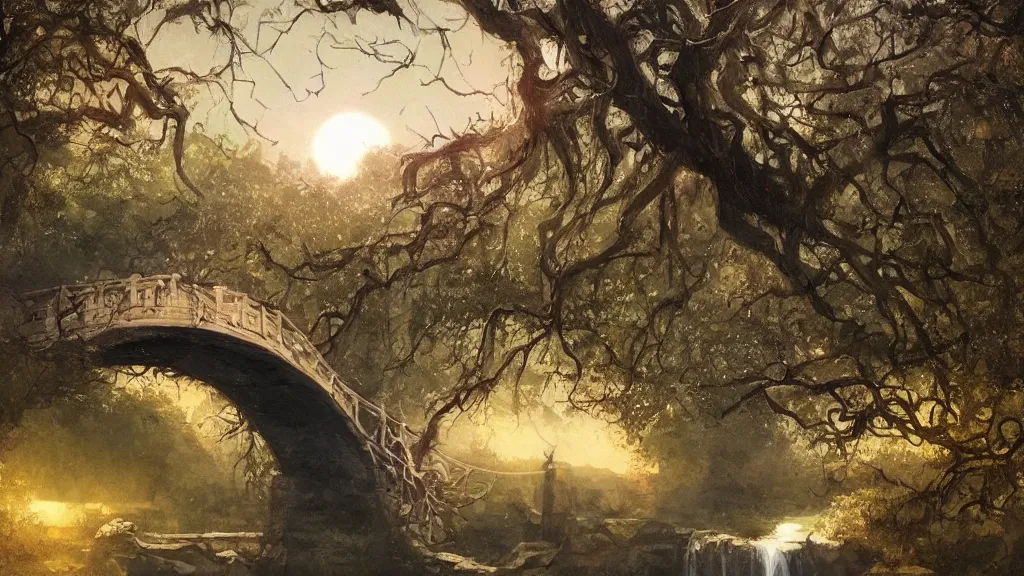 Prompt: over a tree wreathed with vines fly evening crows, under a small bridge near a cottage a stream flows, a lean horse goes on bridge, sunset, by charlie bowater, by greg rutkowski