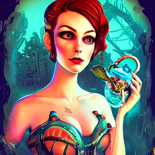 Prompt: Lofi mermaid BioShock BioPunk portrait, Pixar style, by Tristan Eaton Stanley Artgerm and Tom Bagshaw.