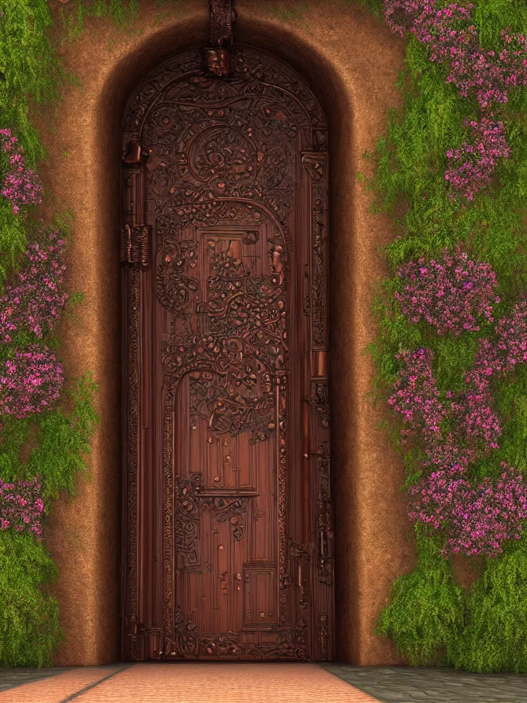 Image similar to HD digital art detailed old copper castle door entrance with flowers and a path outside by James Gurney, cgsociety, artstation