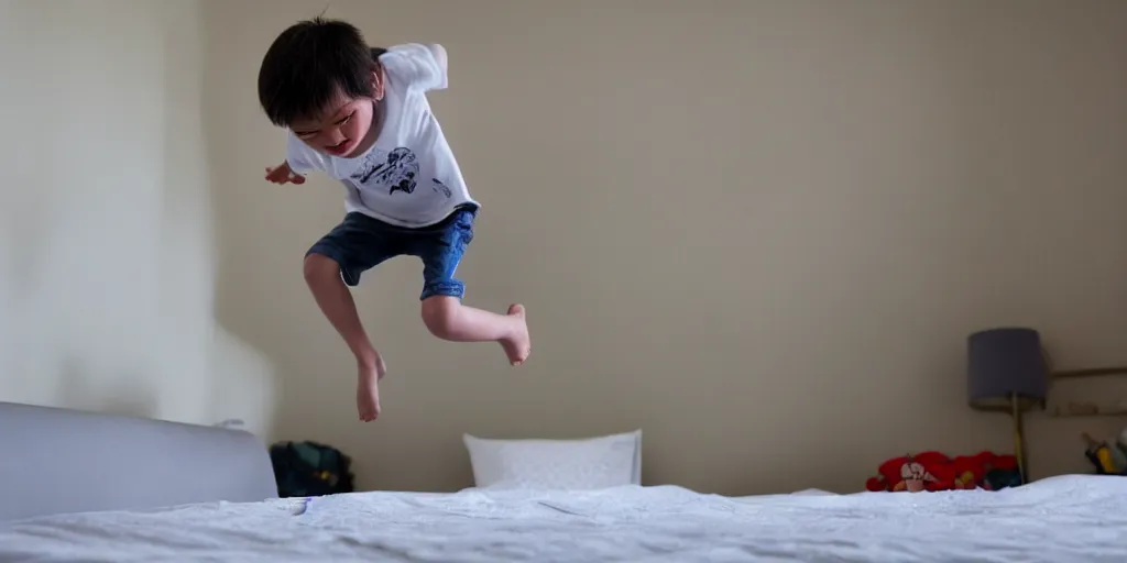 Image similar to little cute boy jumping on his bed by Victor Nizovstev