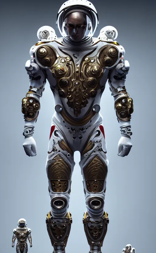 Prompt: sexy muscular ornate cyborg in full body skin space suit, helmet, concept art, joshua rife, photoshoot, intricate, highlydetailed, space background, artstation 4 k raytracing, shadows, highlights, illumination