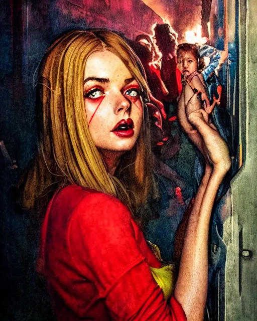 Prompt: in the style of Norman Rockwell and Charlie Bowater, Samara Weaving, symmetrical face, full body, in an alleyway during The Purge, people fighting, night time dark with neon colors, fires