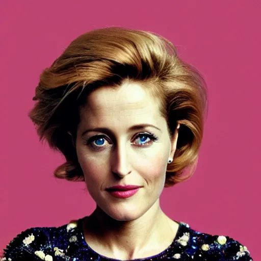 Prompt: photo of a gorgeous 40-year-old Gillian Anderson with 1980s hairstyle by Mario Testino, detailed, head shot, award winning, Sony a7R -