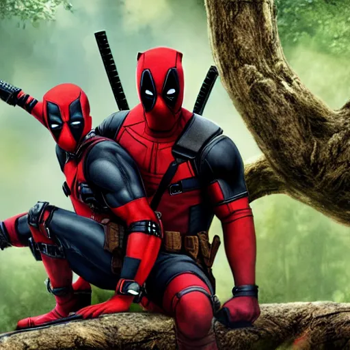 Image similar to deadpool and rocket raccoon in the woods digital art 4 k detailed super realistic