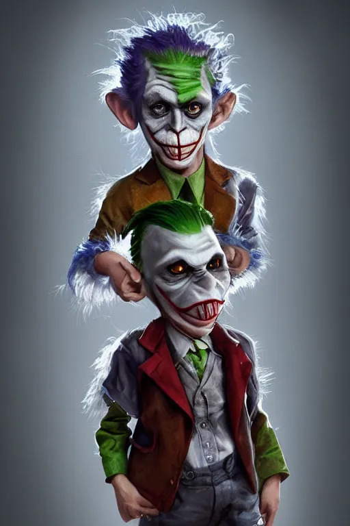 Image similar to anthropomorphic ape kid Cosplay of the joker, realistic and ultra intricate detailed soft painting, symmetrical, volumetric lighting, mist, Artstation, unreal engine, depth of field