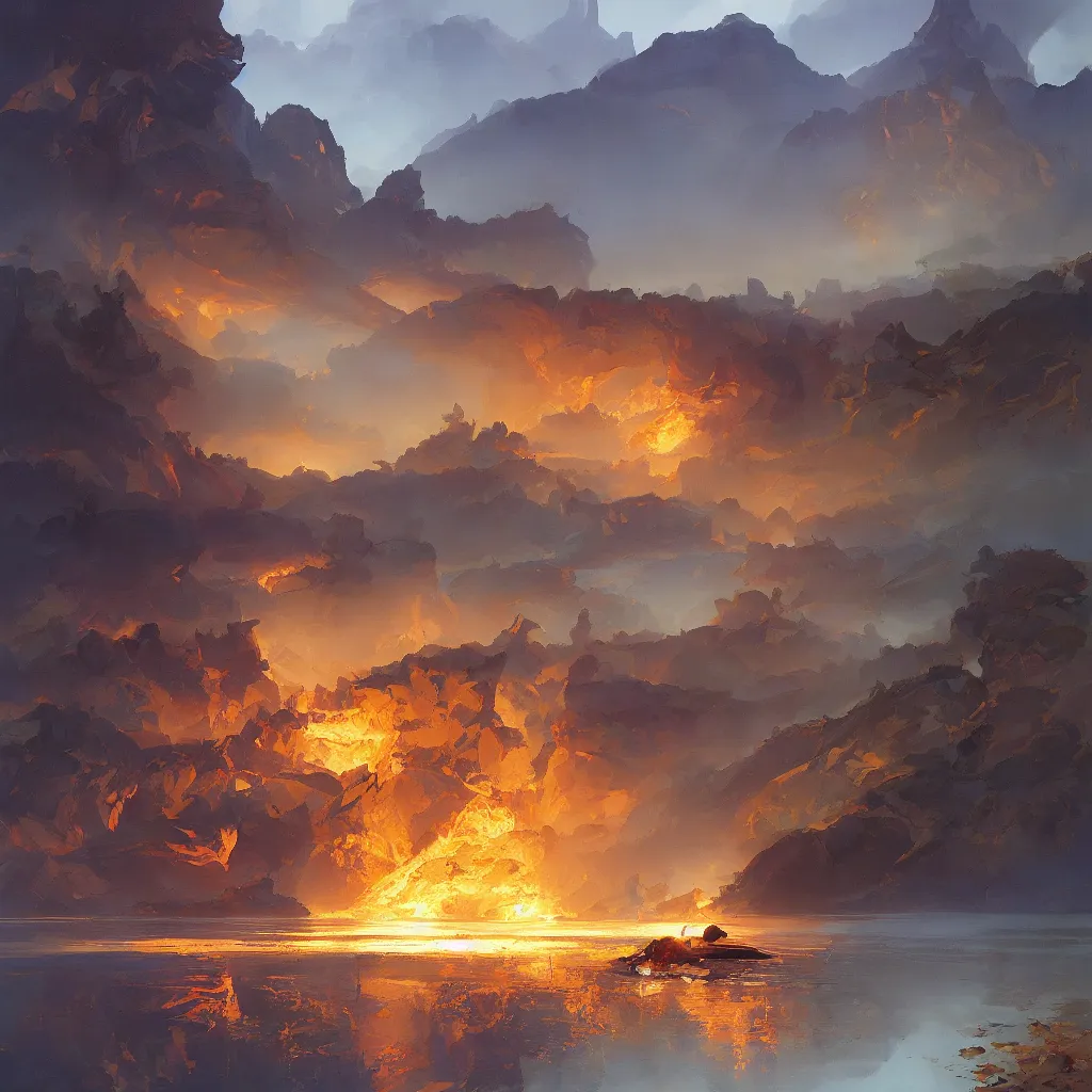 Image similar to lake, gold molten, by greg rutkowski, by rhads, by jesper ejsing