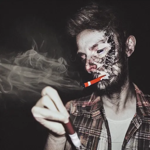 Image similar to candid night time photogrpah of a Skinwalker smoking Marlboro Red cigarettes