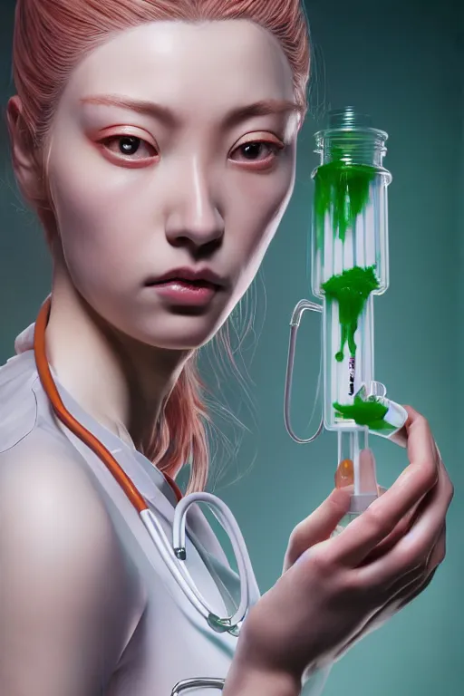 Image similar to hyperrealistic photography of a gorgeous female doctor holding a syringe containing green liquid in the style of jin kagetsu, james jean, chris cunninham, hans bellmer and wlop, highly detailed, face symmetry, masterpiece, award - winning, sharp focus, intricate concept art, ambient lighting, 8 k, artstation