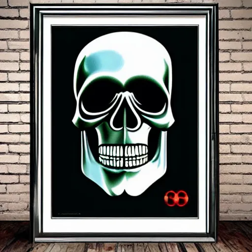 Prompt: 1 9 7 0 s airbrushed poster featuring art deco chrome skull, key light, intricate ornamental designs