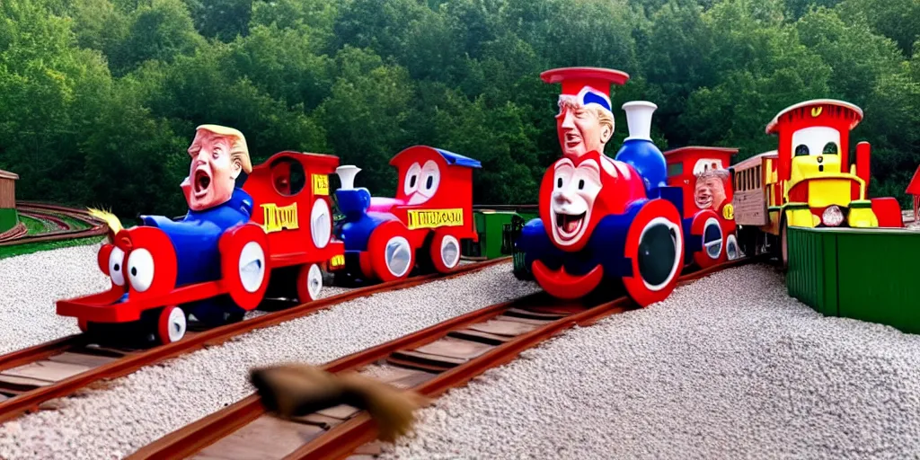 Image similar to Photo of Donald J. Trump crashing a kiddy train into gravel, screaming, taken in Silver Dollar City 2020