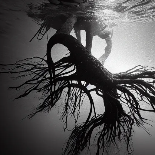 Prompt: roots underwater, award winning black and white photography