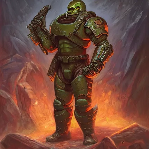 Image similar to The Doomguy as a fantasy D&D character, portrait art by Donato Giancola and James Gurney, digital art, trending on artstation