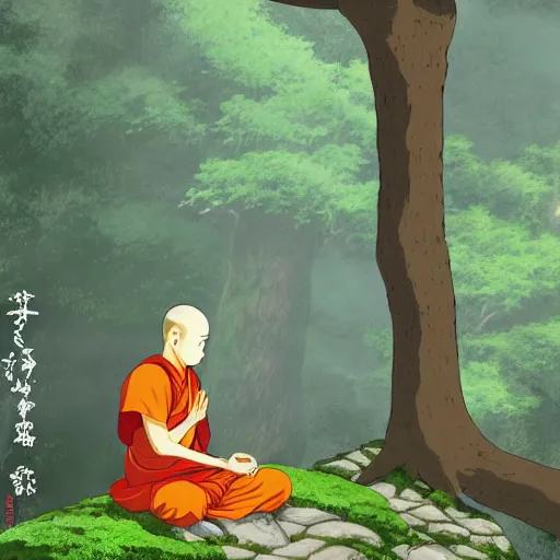 Prompt: Meditating Buddhist monk sat at the base of a large tree on top of a green hill artwork by studio Ghibli, highly detailed, masterpiece, trending on artstation